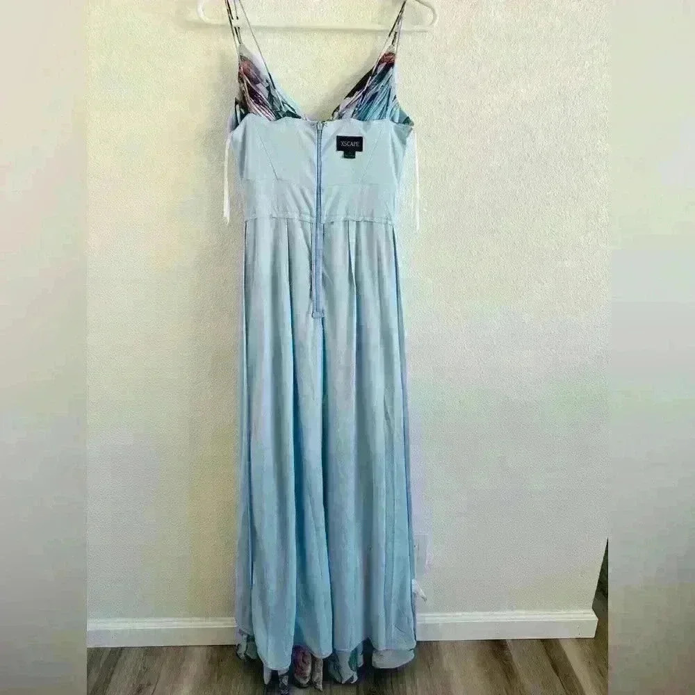 XSCAPE Floral-Print Ruffled High-Low Sleeveless Gown Size 2 - Picture 10 of 14